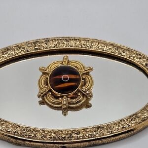 Vintage Ornate Art Nouveau Style Faux Tiger's Eye Brooch